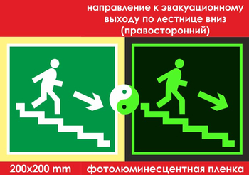 E13 направление к эвакуационному выходу по лестнице вниз (правосторонний) (фотолюминесцентная пленка, 200х200 мм) - Знаки безопасности - Фотолюминесцентные знаки - Магазин охраны труда Протекторшоп