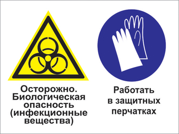 Кз 73осторожно - биологическая опасность (инфекционные вещества). работать в защитных перчатках. (пластик, 600х400 мм) - Знаки безопасности - Комбинированные знаки безопасности - Магазин охраны труда Протекторшоп